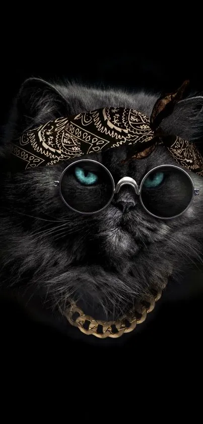 Cool cat with sunglasses and bandana on black background.