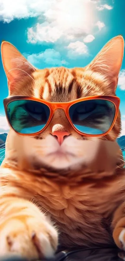 A stylish cat in sunglasses enjoys the sunny beach by the ocean.