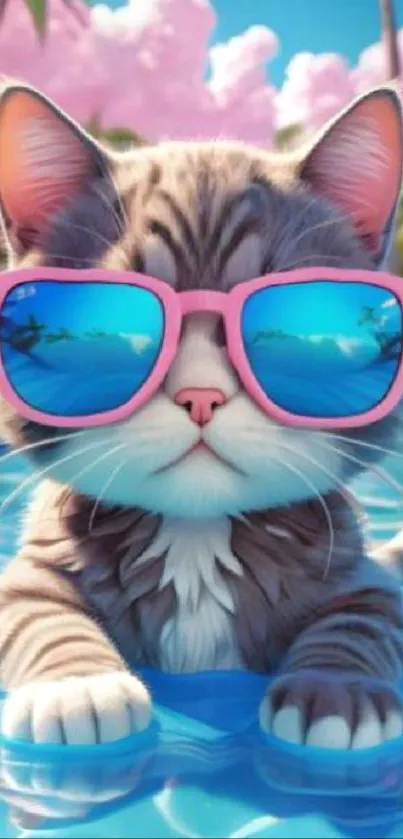 Cute cat wearing pink sunglasses in a bright blue pool.