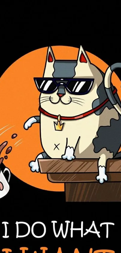 Funny cat in sunglasses, spilling coffee in style.