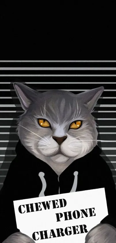 Cat with orange eyes holding a charger sign on black striped background.