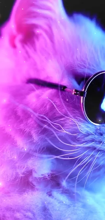 Cool cat in neon glow with sunglasses, purple-blue theme.