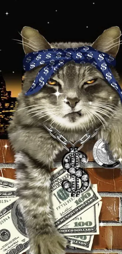 Cool cat with money and bling on a brick wall at night.