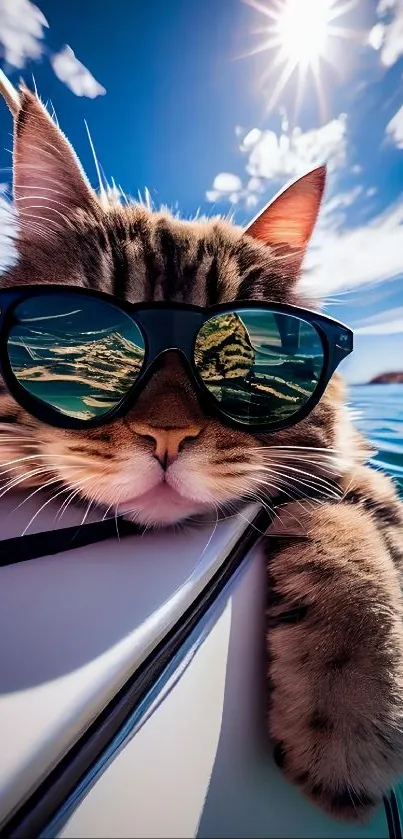 Cool cat with sunglasses lounging on a boat in the sun.