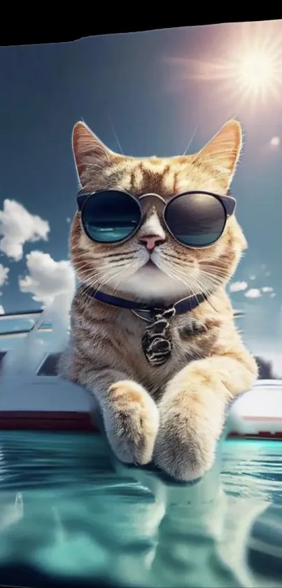 Cat in sunglasses lounging on yacht with ocean and sun.