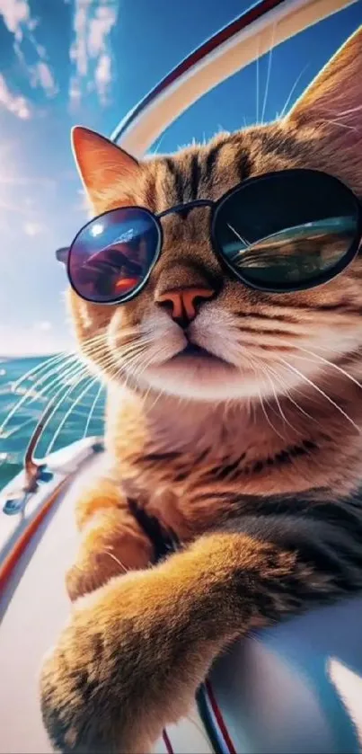 Cat in sunglasses relaxing on a yacht under the sunny blue sky.