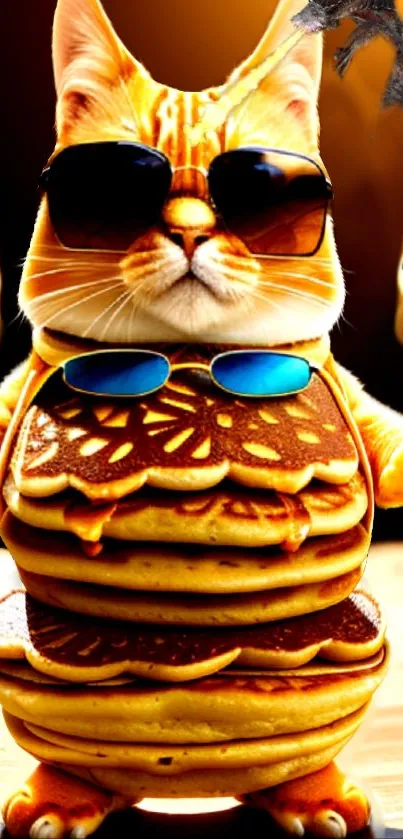 A stylish cat in sunglasses humorously stacked with pancakes.