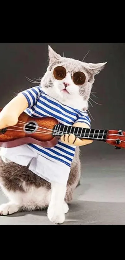 Cat in sunglasses plays guitar, exuding cool vibes.