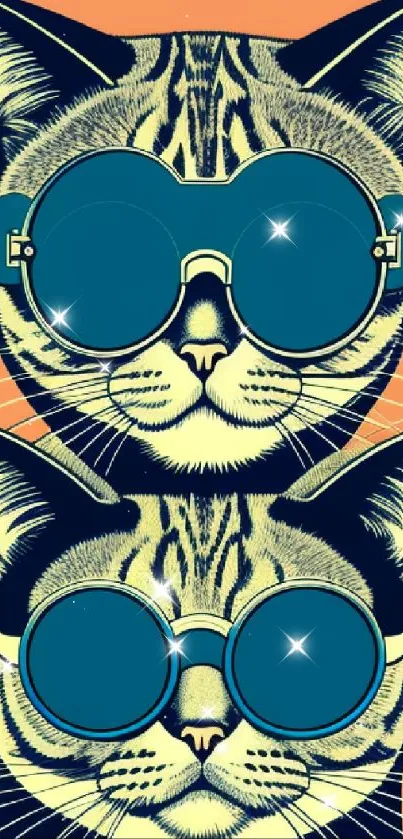 Two cool cats in blue sunglasses on an orange background mobile wallpaper.