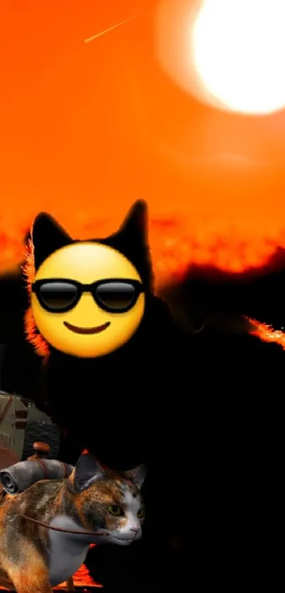 Cat with sunglasses in a sunset adventure scene on mobile wallpaper.