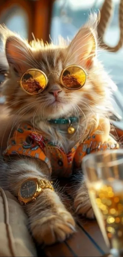 Trendy cat wearing sunglasses on a boat with a watch.