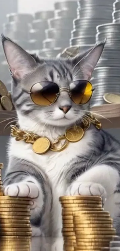 Cat wearing sunglasses surrounded by coins.