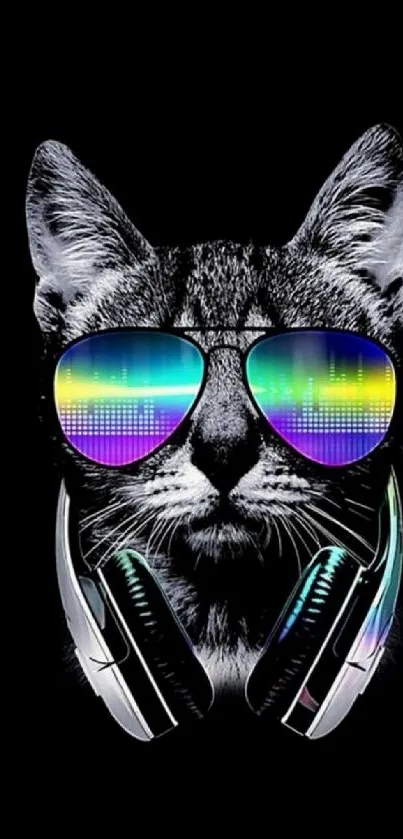 Cool cat with headphones and rainbow sunglasses on black background.