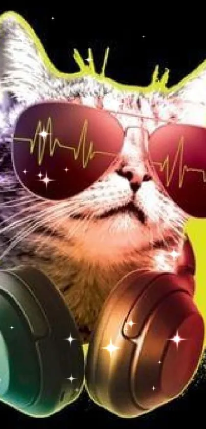 Cat wearing sunglasses and headphones on a neon splash background.