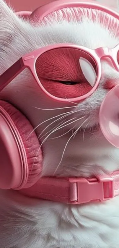 Cat wearing pink sunglasses and headphones with bubble gum.