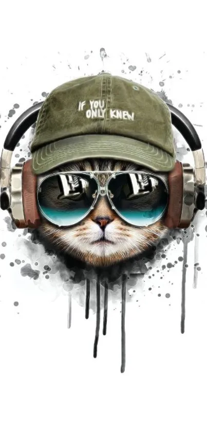 Cat wearing sunglasses, cap, and headphones in artistic style.