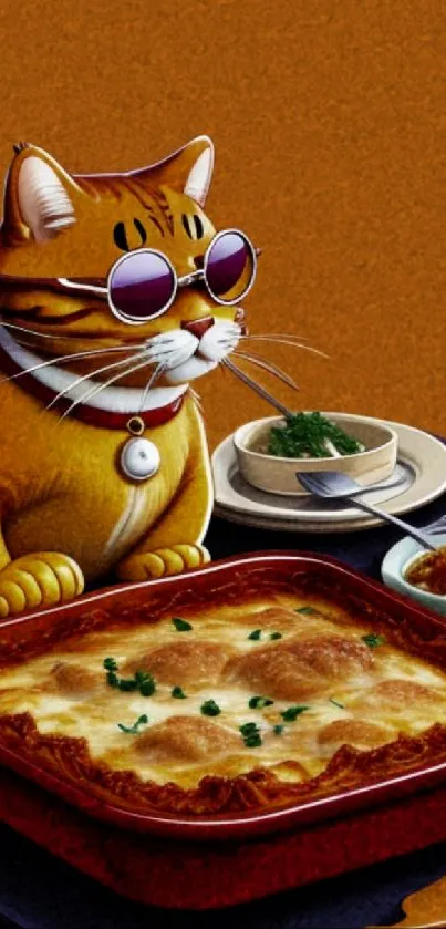 Cat with sunglasses admiring a lasagna.