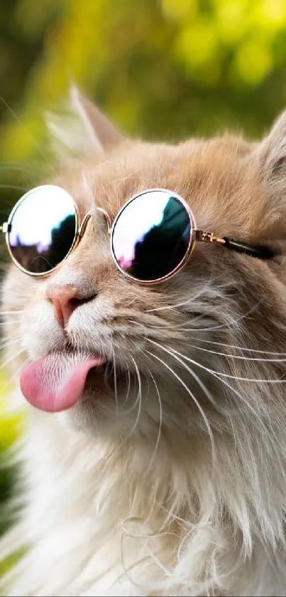 Playful cat in sunglasses sticking tongue out.