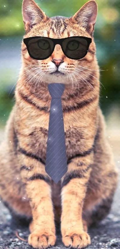 A stylish cat wearing sunglasses and a tie on a cool, green-toned background.