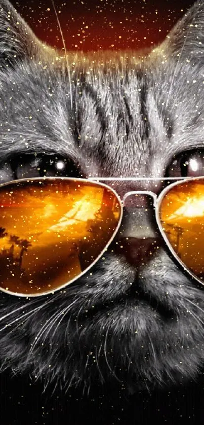 Gray cat with sunglasses reflecting a sunset scene on mobile wallpaper.