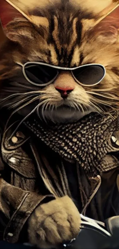 Cool cat with sunglasses and leather jacket on motorcycle.