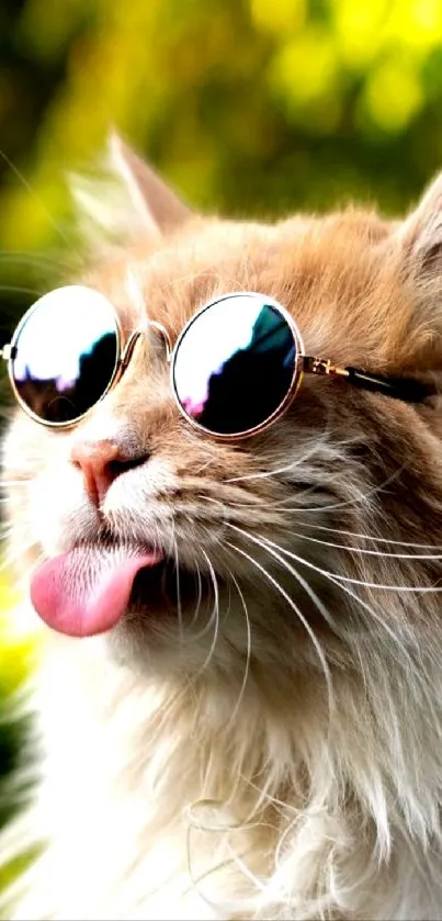 Stylish cat wearing round sunglasses in a vibrant setting.