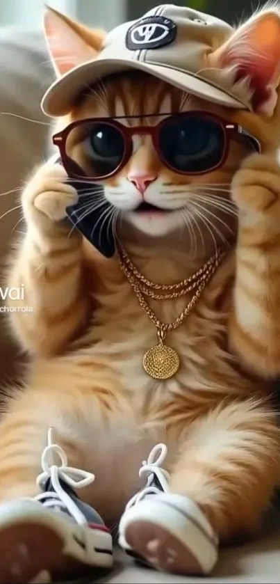 Stylish cat wearing sunglasses and cap.