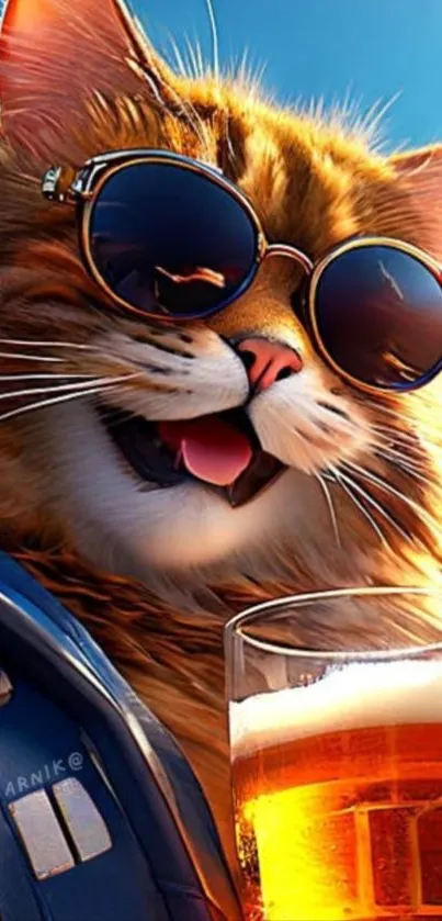 A stylish cat wearing sunglasses enjoying a drink.