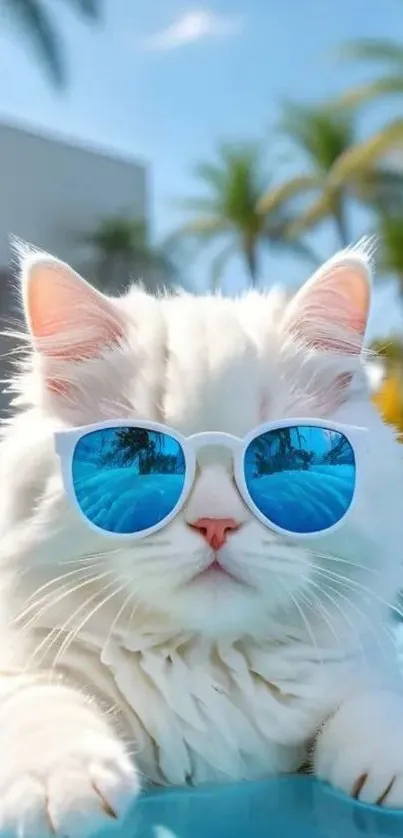 White cat with blue sunglasses by the pool.