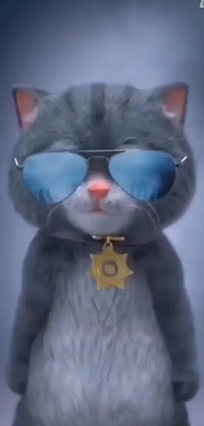 Stylish animated cat with sunglasses and badge on blue background.