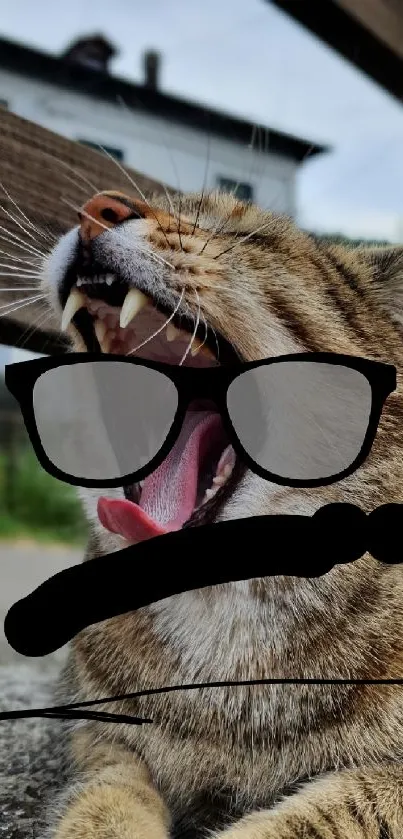 Cat wearing sunglasses and yawning in a cool pose.