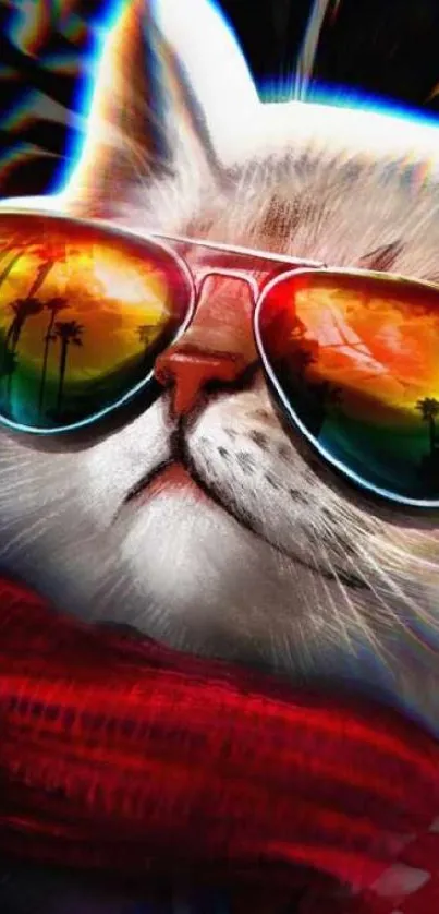 Cat wearing colorful sunglasses in graffiti-style wallpaper.