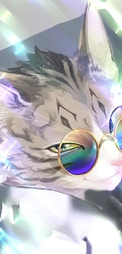 A cool cat wearing colorful sunglasses with a trendy vibe.