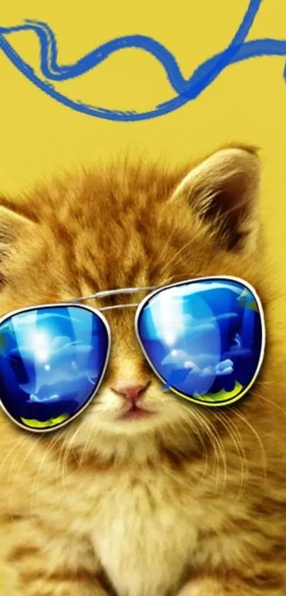 Stylish cat with blue sunglasses on a vibrant yellow background.