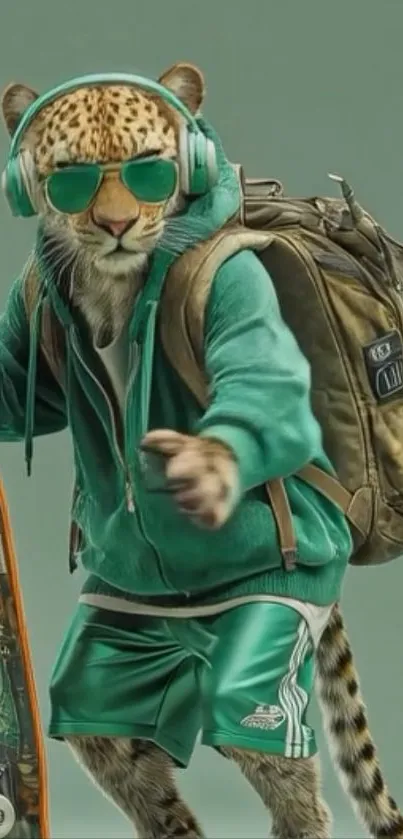 Cheetah wearing headphones and holding a skateboard.