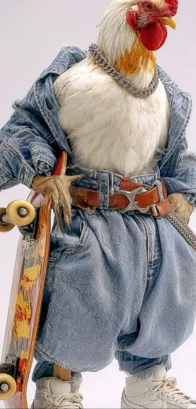 Chicken wearing denim holding a skateboard