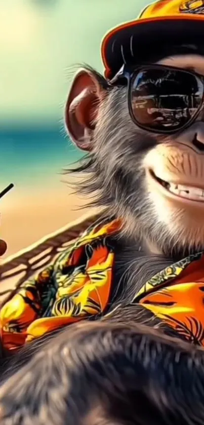 Chimpanzee in sunglasses, enjoying a coastal vibe.