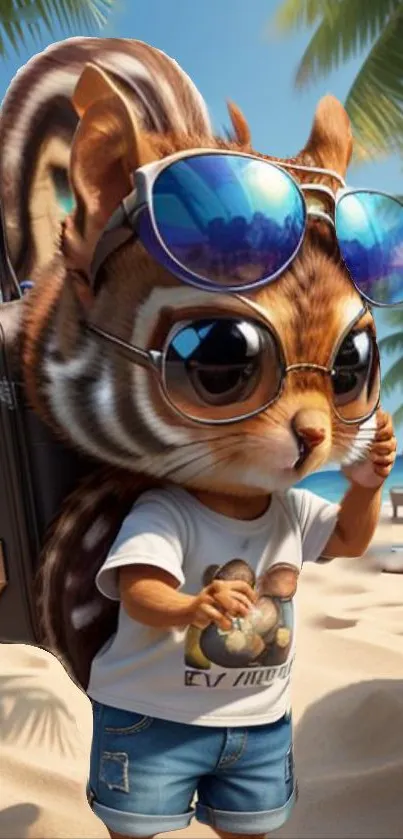 Cute chipmunk wearing sunglasses on a sunny beach with palm trees.