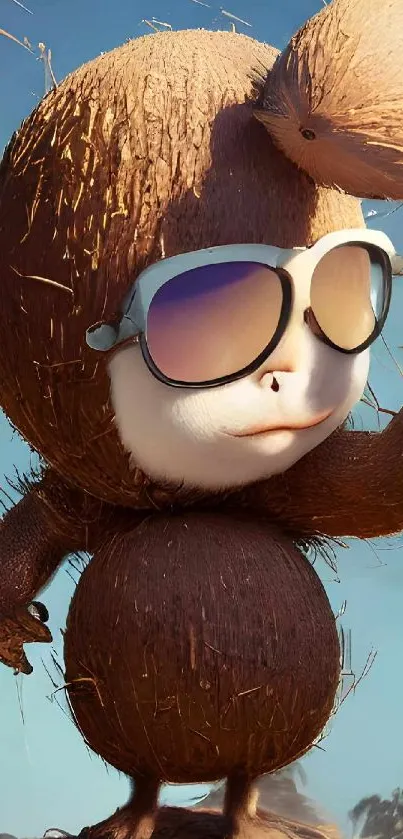 Coconut cartoon character with sunglasses in a tropical setting.