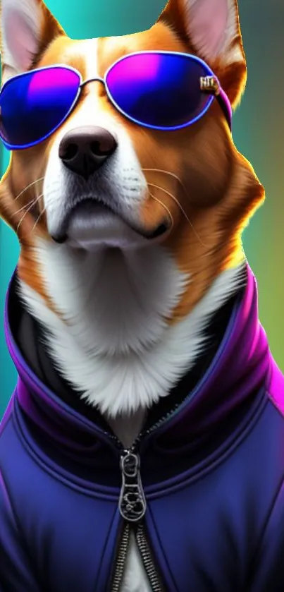 Corgi wearing sunglasses and a hoodie in vibrant colors.