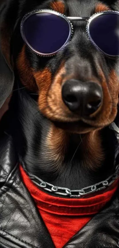 Dachshund wearing sunglasses and leather jacket.