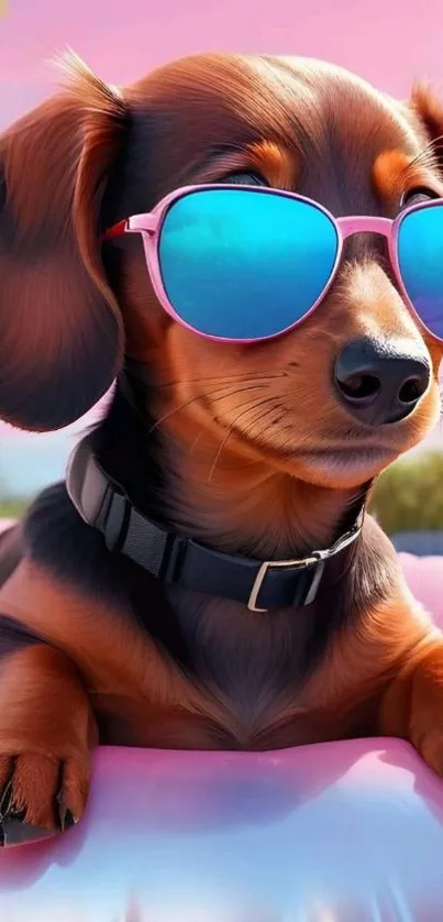 Dachshund wearing blue sunglasses on pink background.