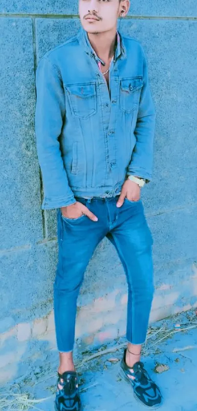 Young man in denim jacket against stone wall.