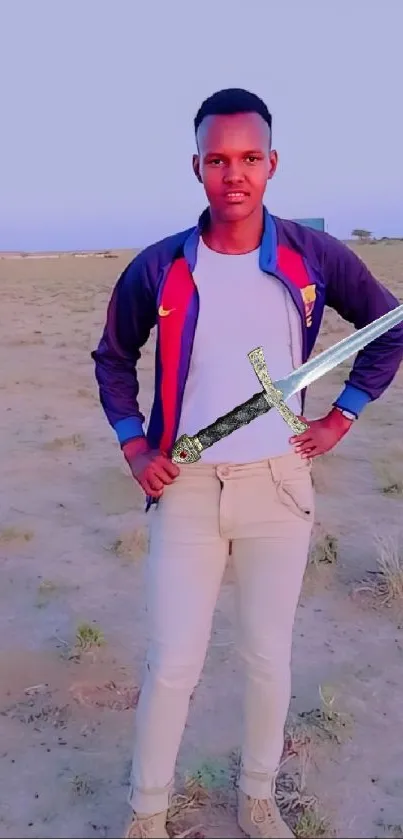 Desert warrior holding a sword in fashion attire.