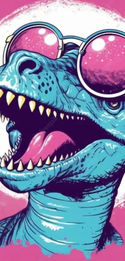 Dinosaur wearing sunglasses with vibrant blue and pink colors.