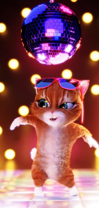 A cool cat with sunglasses dancing under a disco ball on a neon-lit floor.