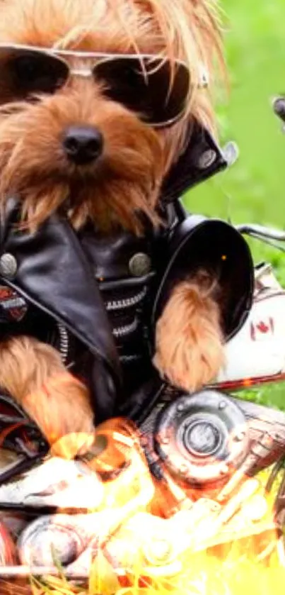 Adorable dog in leather biker gear on a motorcycle with sunglasses.