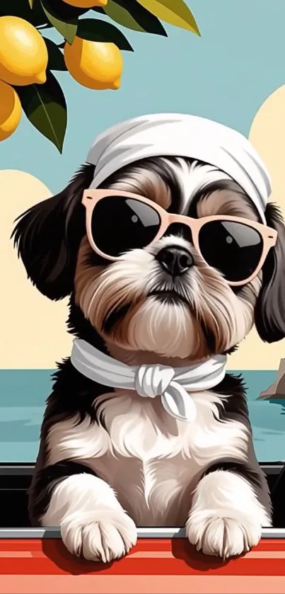 Illustration of a dog in sunglasses by the sea with lemons on a tree.