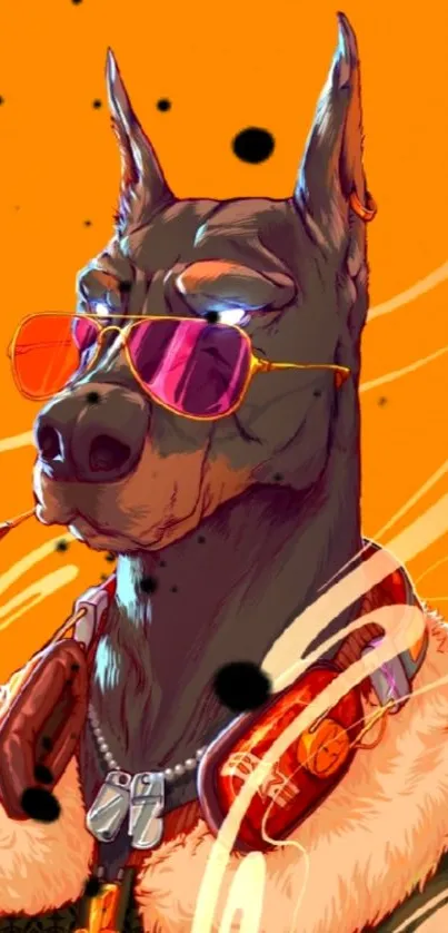 Illustrated dog with sunglasses on orange background wallpaper.