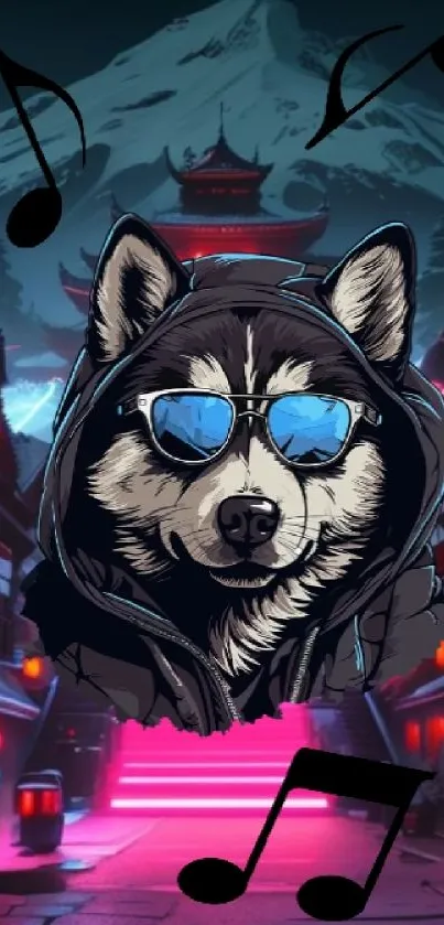 Dog wearing hoodie with sunglasses in vibrant city.